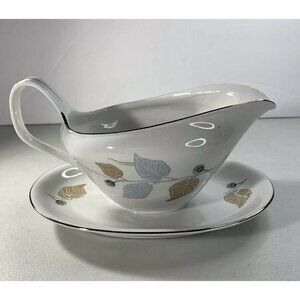 Bavaria Germany Fine China Mid-Century Blue Brown Leaf Gravy Boat Silver Edging